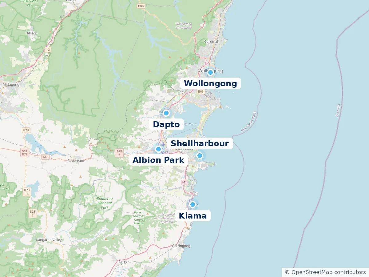 Illawarra coverage map — Wollongong, Shellharbour, Kiama, Dapto and Albion Park